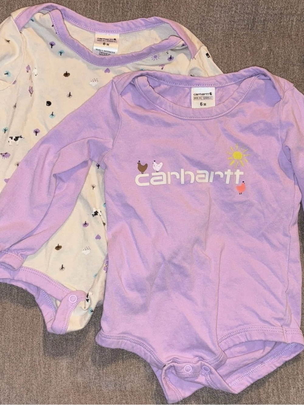 Carhartt Lavender Long-Sleeve Baby Bodysuit 2 Pack Farm Theme 6 Month